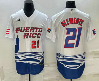 Mens Puerto Rico Baseball #21 Roberto Clemente Number 2023 White World Baseball Classic Stitched Jerseys
